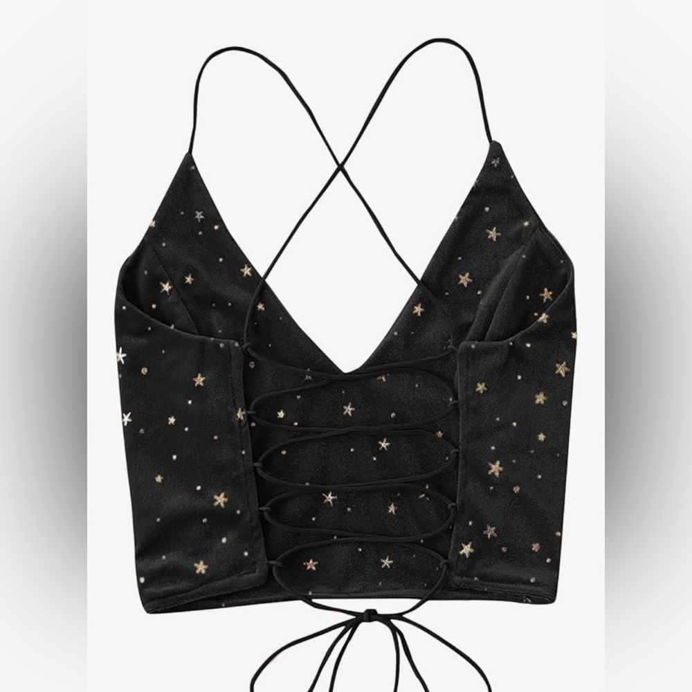 Velvet Black with Gold Stars   Strappy crop Top - Picture 2 of 2